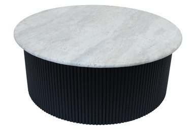 Cream Polished Travertine Top Coffee Table with Ridged Black Acacia Wood Drum Base, Walton