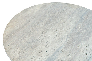 Cream Polished Travertine Top Coffee Table with Ridged Black Acacia Wood Drum Base, Walton