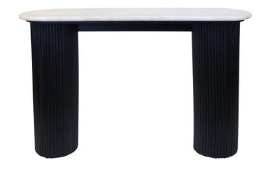 Cream Polished Travertine Top Console Table with Ridged Black Acacia Wood Cylindrical Legs, Walton