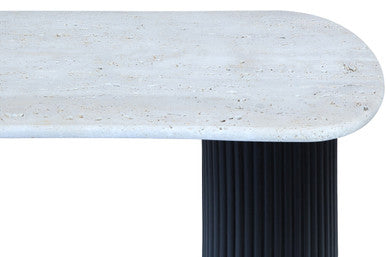 Cream Polished Travertine Top Console Table with Ridged Black Acacia Wood Cylindrical Legs, Walton