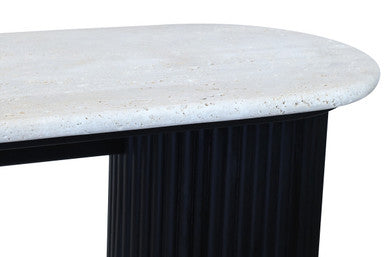 Cream Polished Travertine Top Console Table with Ridged Black Acacia Wood Cylindrical Legs, Walton