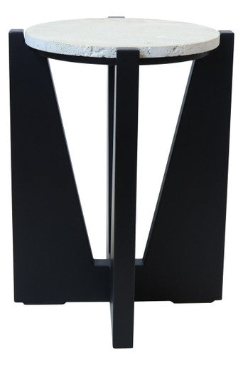 Cream Travertine Top Side Table with Black Acacia Wood Geometric Frame, Walton