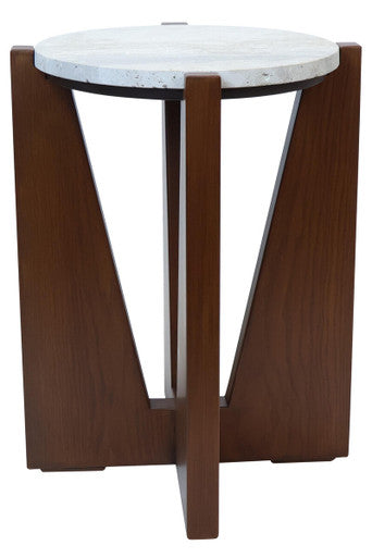 Cream Travertine Top Side Table with Brown Acacia Wood Geometric Frame, Walton