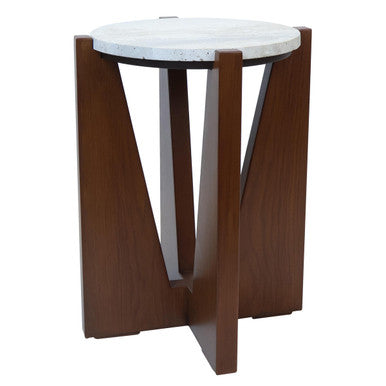 Winton Cream Travertine and Brown Finish Acacia Wood Side Table
