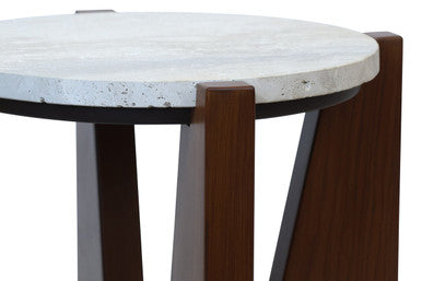 Cream Travertine Top Side Table with Brown Acacia Wood Geometric Frame, Walton