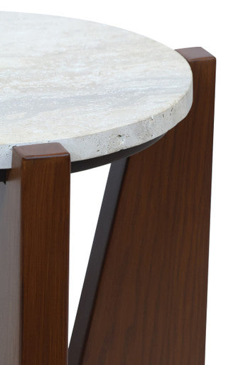 Cream Travertine Top Side Table with Brown Acacia Wood Geometric Frame, Walton