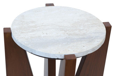 Cream Travertine Top Side Table with Brown Acacia Wood Geometric Frame, Walton