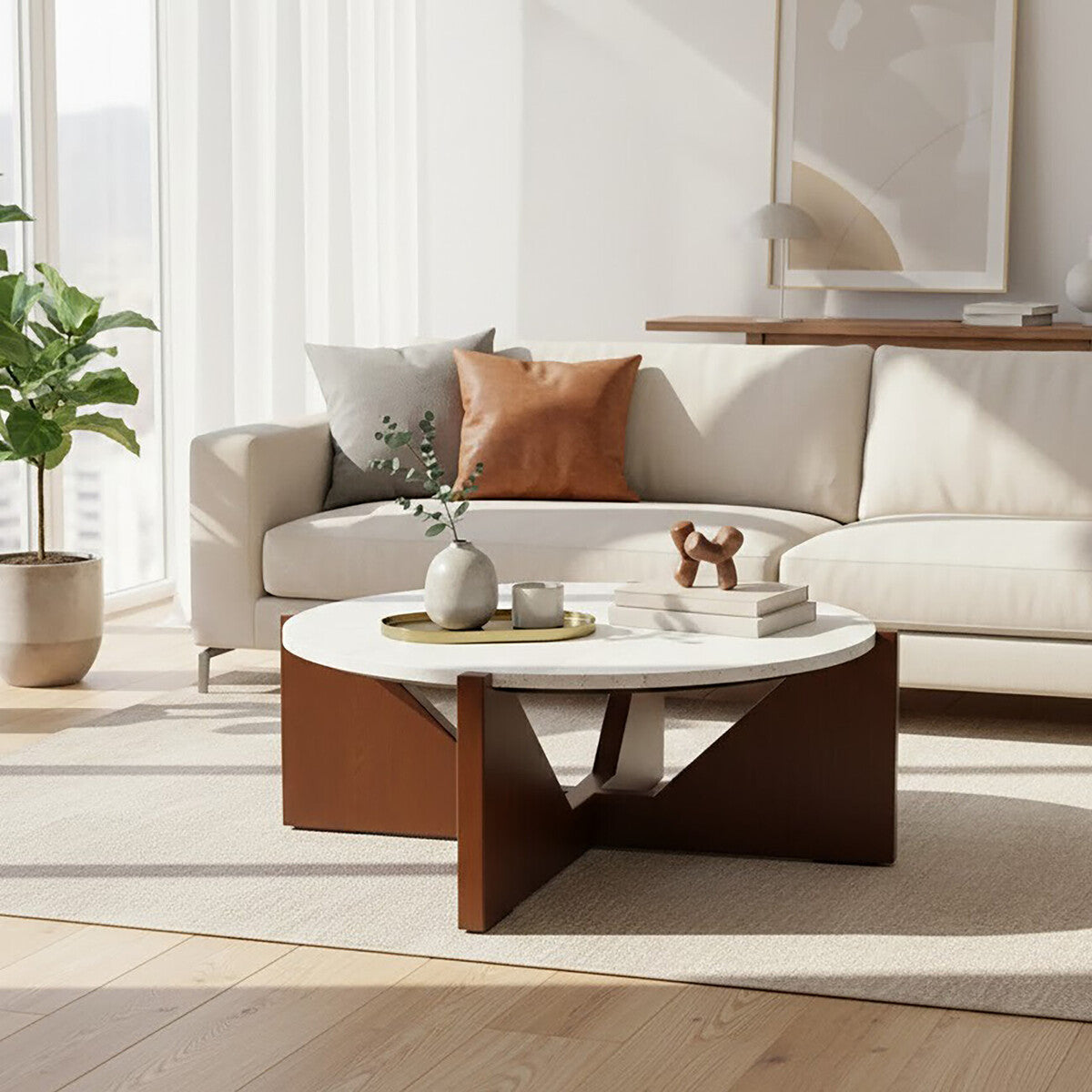 Cream Travertine Top Coffee Table with Brown Acacia Wood Geometric Frame, Walton