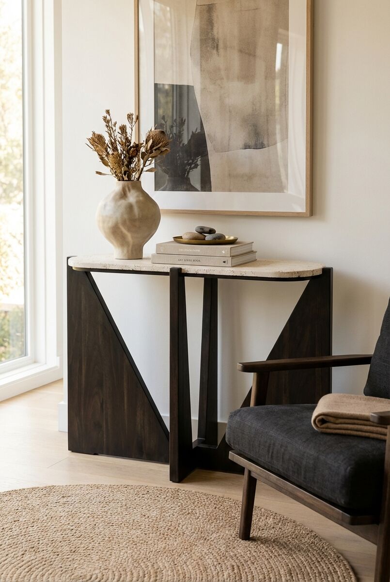 Cream Travertine Top Console Table with Black Acacia Wood Frame, Walton
