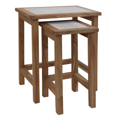 Set of 2 Cream Travertine Top Small Nesting Console Tables with Natural Acacia Wood Frames, Womad