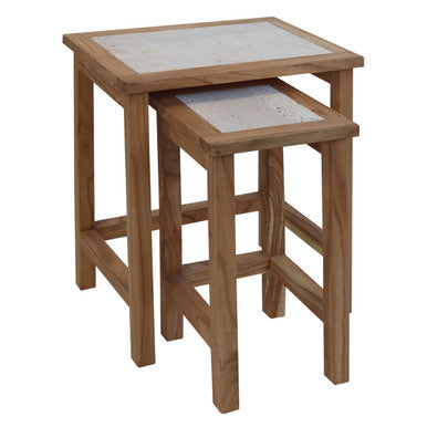 Womad Cream Travertine and Wooden Small Set of 2 Side Tables