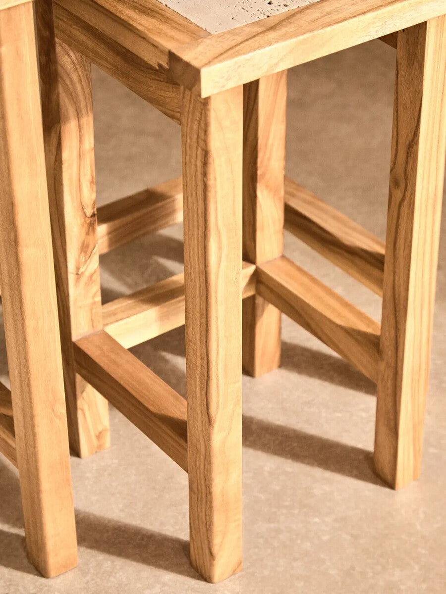 Womad Cream Travertine and Wooden Small Set of 2 Side Tables