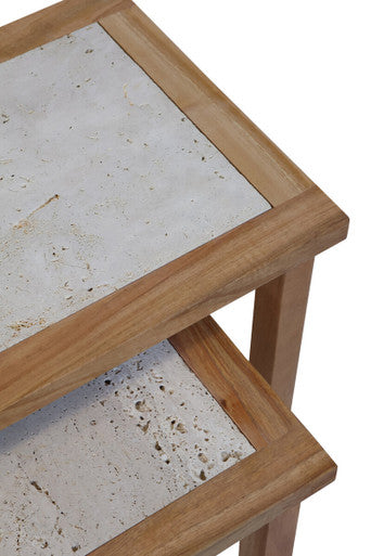 Womad Cream Travertine and Wooden Small Set of 2 Side Tables