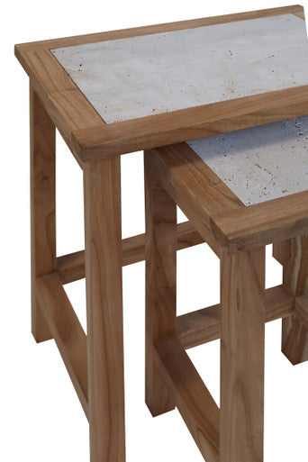 Womad Cream Travertine and Wooden Small Set of 2 Side Tables