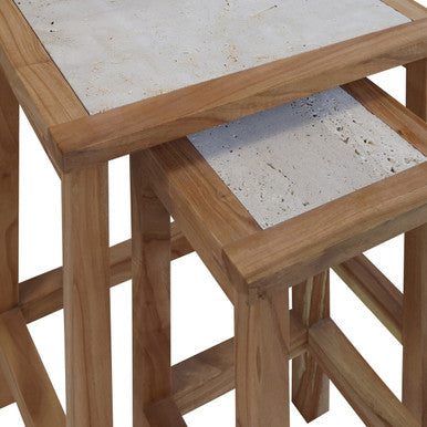 Set of 2 Cream Travertine Top Small Nesting Console Tables with Natural Acacia Wood Frames, Womad