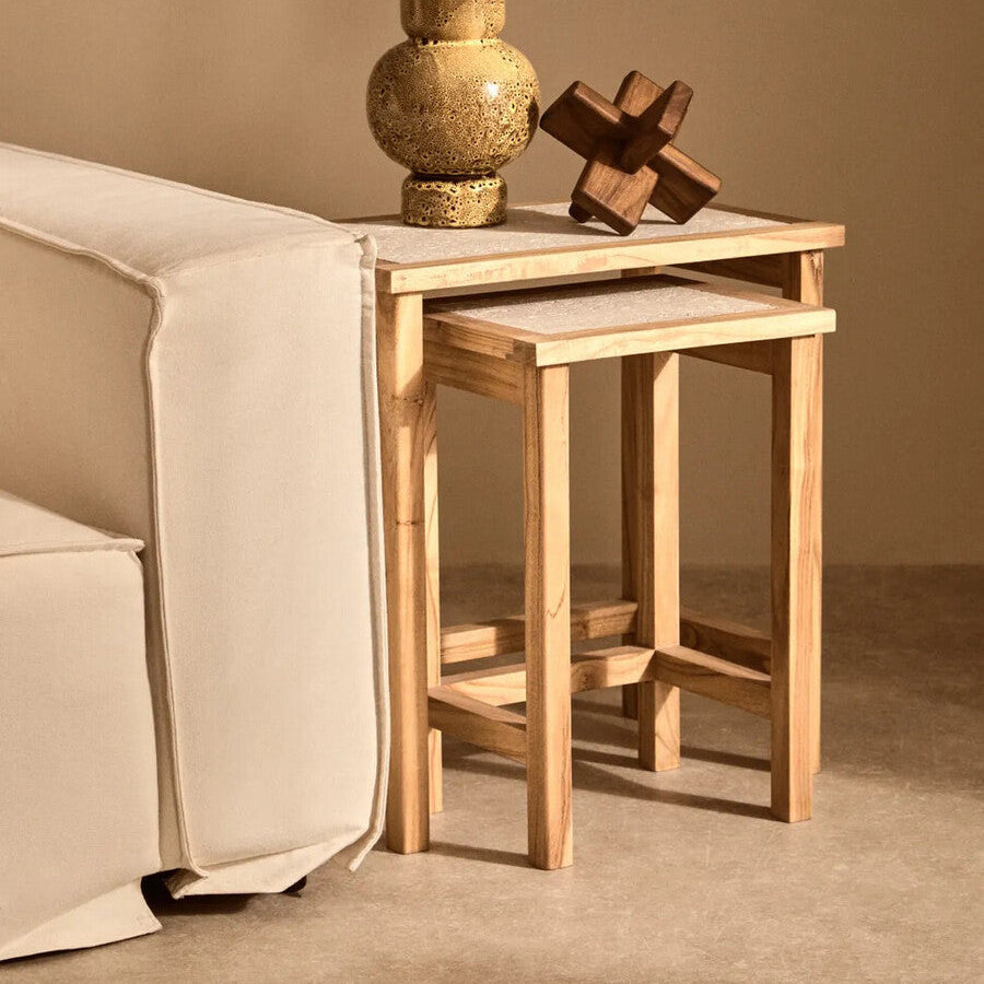 Womad Cream Travertine and Wooden Large Set of 2 Side Tables