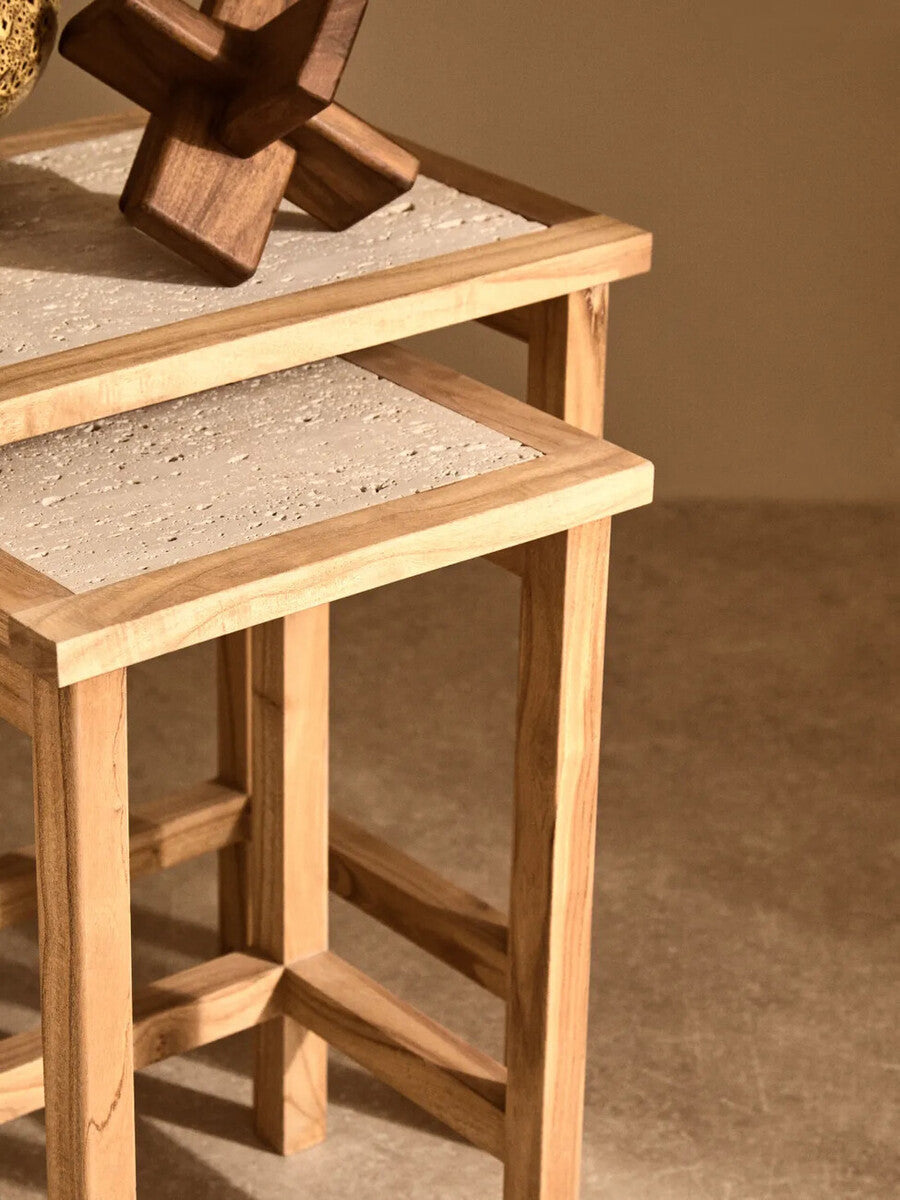 Womad Cream Travertine and Wooden Large Set of 2 Side Tables
