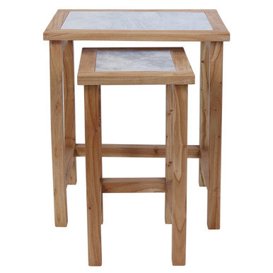 Set of 2 Small White Marble Top Nesting Side Tables with Natural Wood Frames, Womad