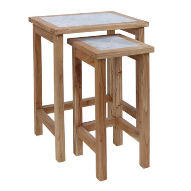 Set of 2 Small White Marble Top Nesting Side Tables with Natural Wood Frames, Womad