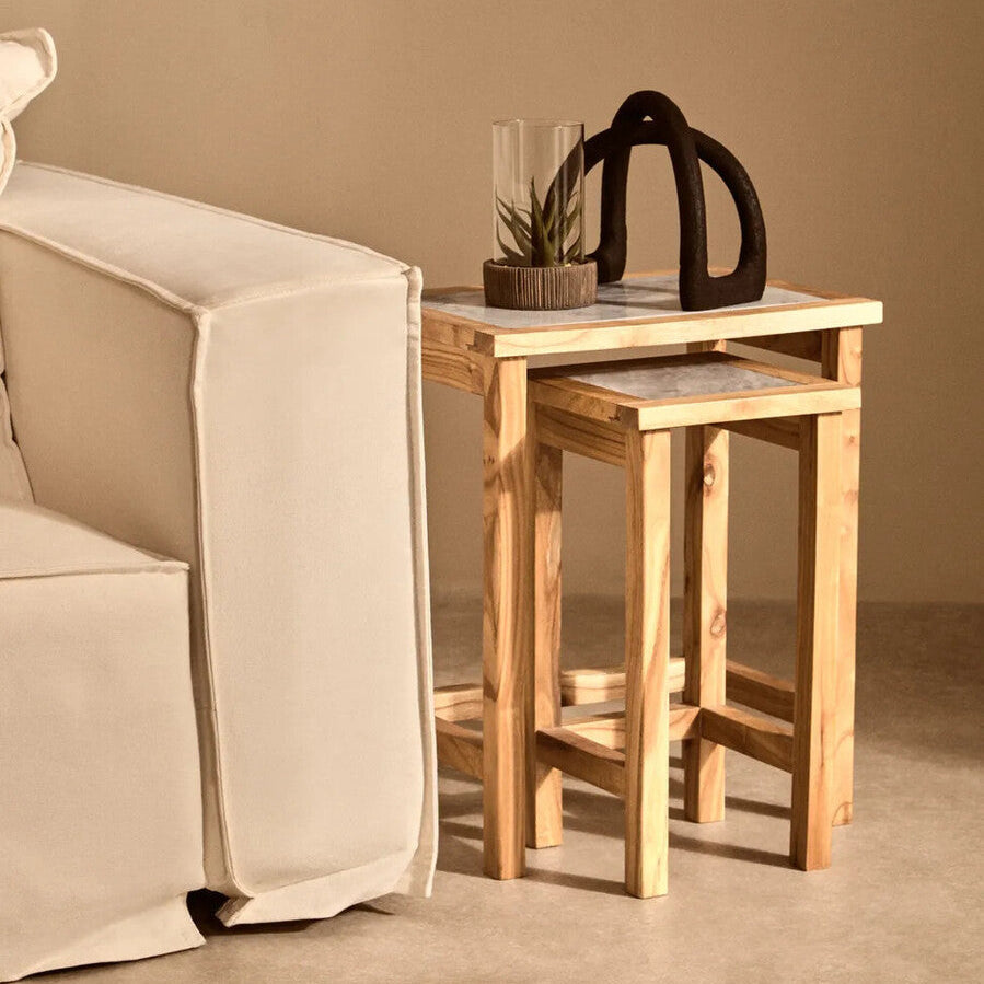 Womad White Marble and Wooden Small Set of 2 Side Tables