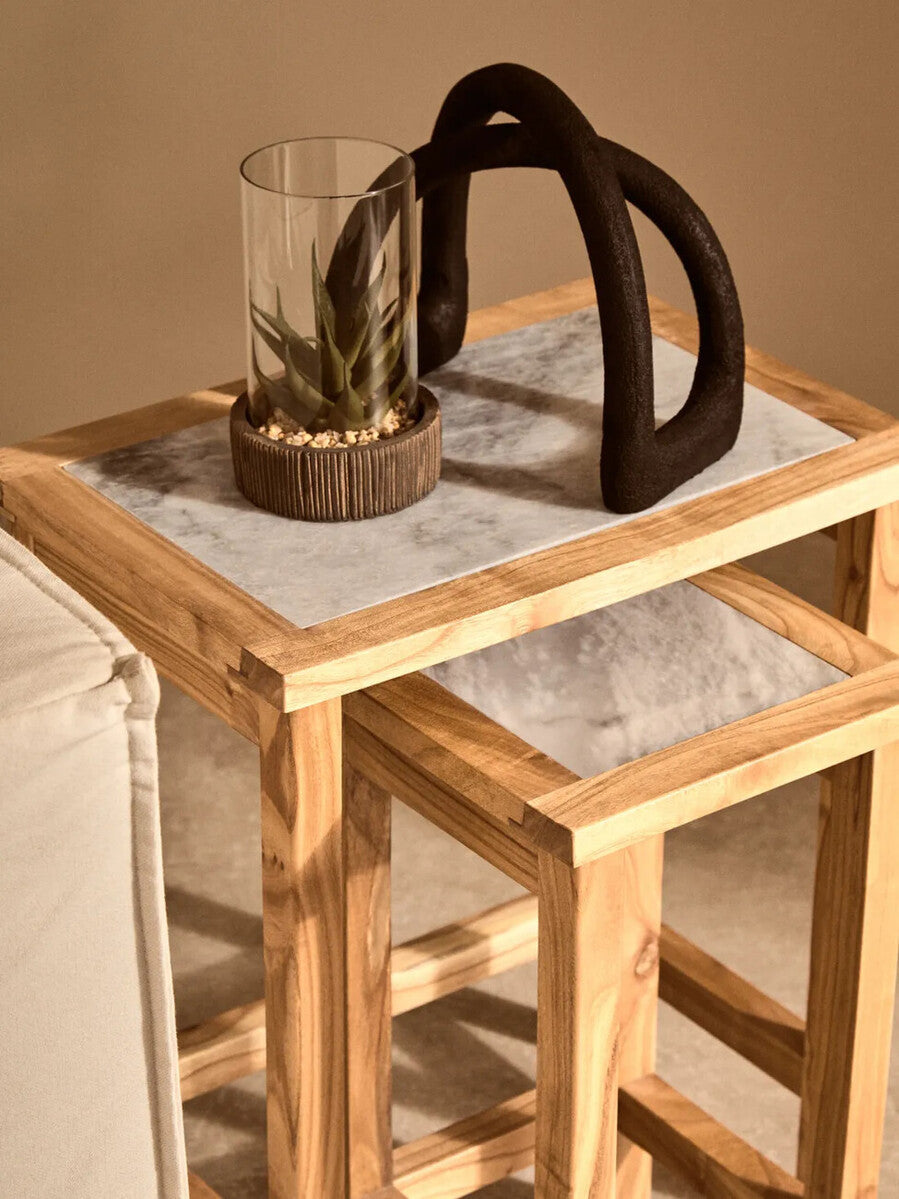Womad White Marble and Wooden Small Set of 2 Side Tables