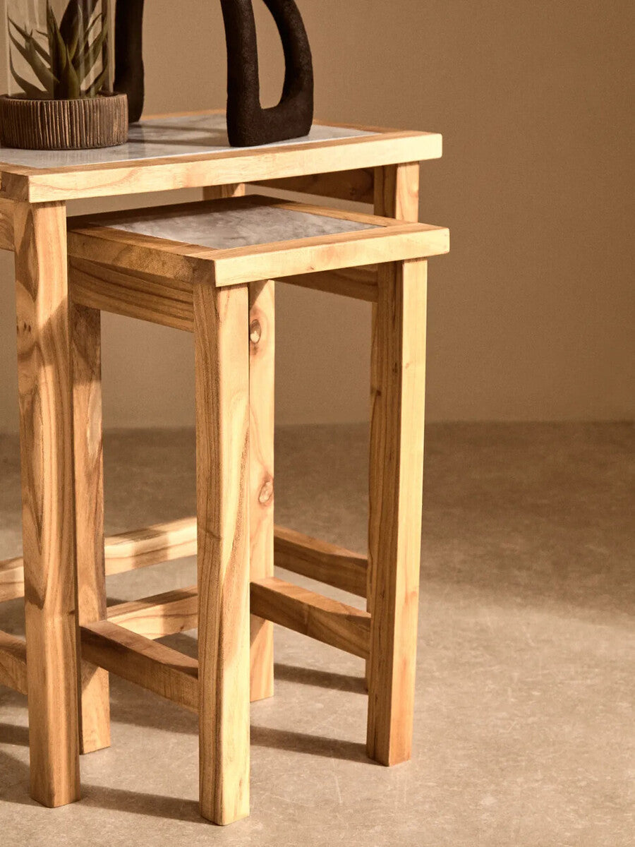Womad White Marble and Wooden Small Set of 2 Side Tables