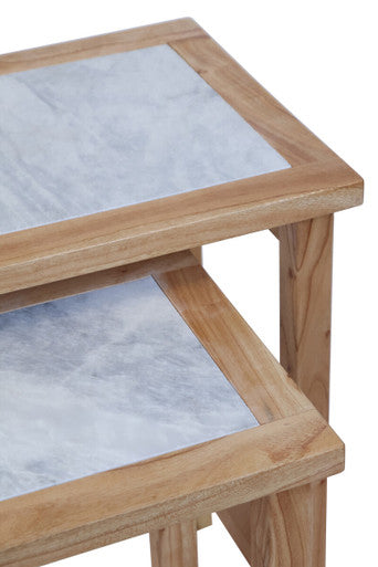 Set of 2 Small White Marble Top Nesting Side Tables with Natural Wood Frames, Womad