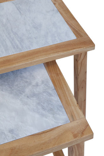Set of 2 Small White Marble Top Nesting Side Tables with Natural Wood Frames, Womad