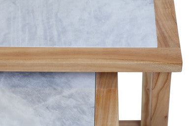 Set of 2 Small White Marble Top Nesting Side Tables with Natural Wood Frames, Womad
