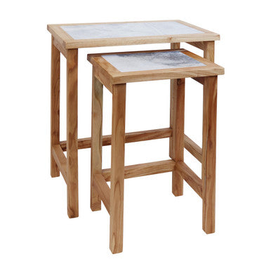 Set of 2 Large White Marble Top Nesting Side Tables with Natural Wood Frames, Womad