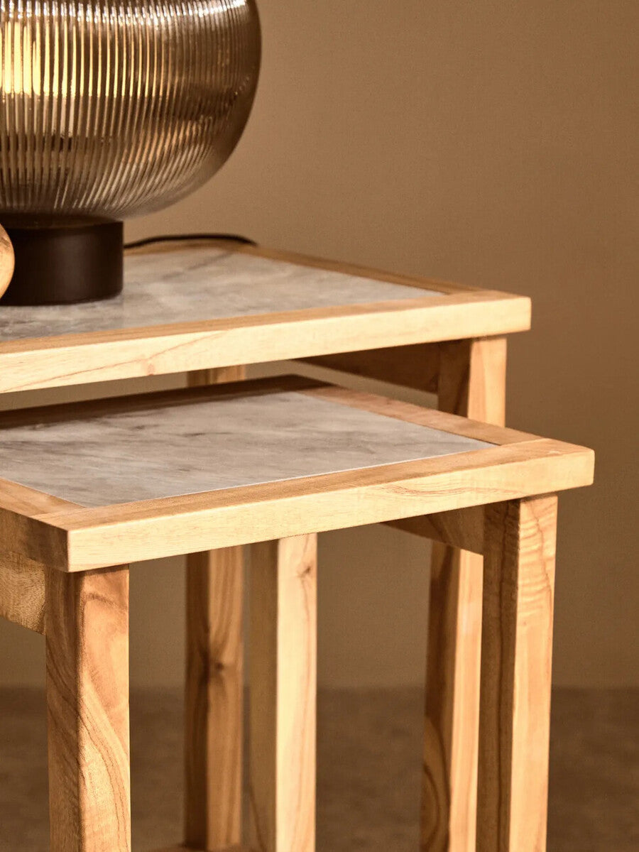 Womad White Marble and Natural Wood Set of 2 Nesting Side Tables
