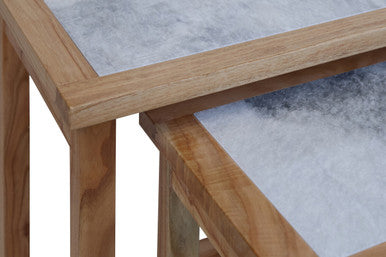 Set of 2 Large White Marble Top Nesting Side Tables with Natural Wood Frames, Womad