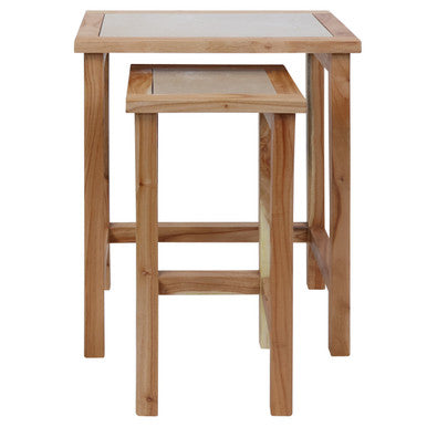 Set of 2 Small Cream Marble Top Nesting Side Tables with Natural Wood Frames, Womad