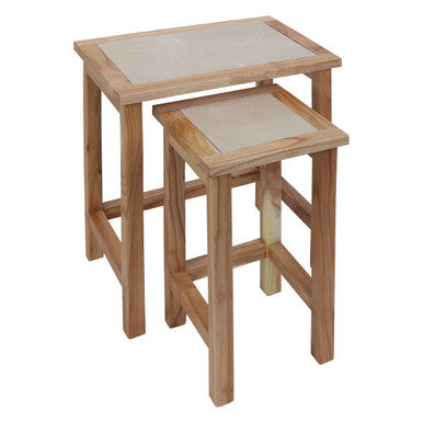 Womad Cream Marble and Wooden Small Set of 2 Side Tables