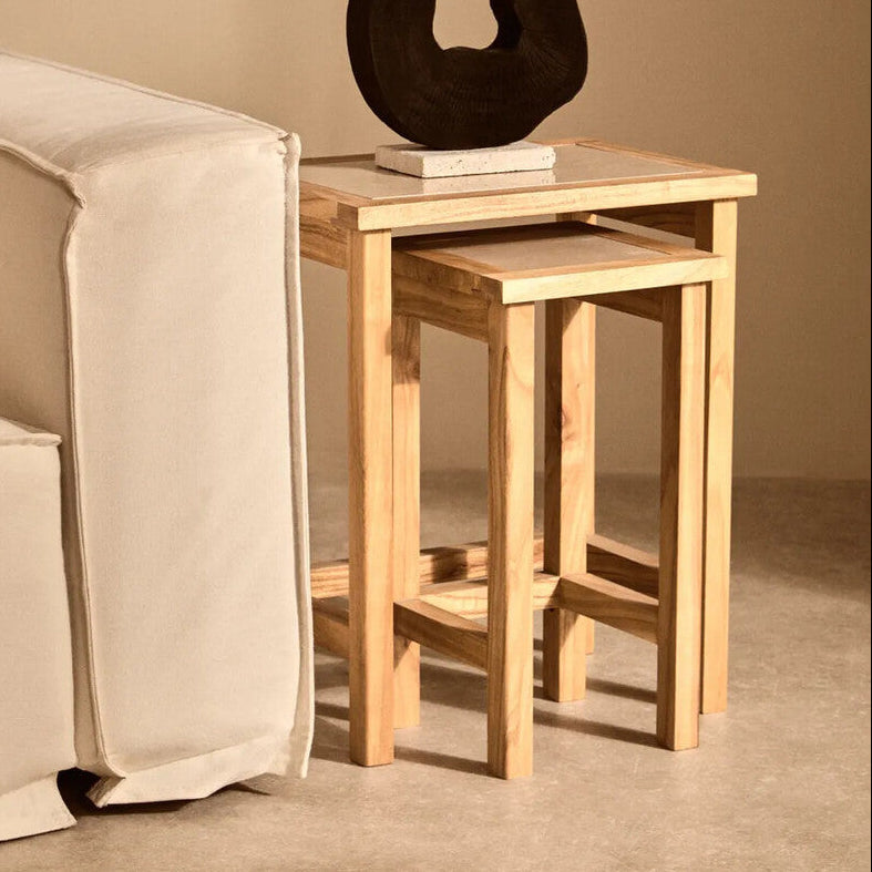 Womad Cream Marble and Wooden Small Set of 2 Side Tables