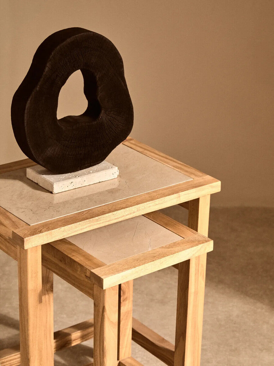 Womad Cream Marble and Wooden Small Set of 2 Side Tables