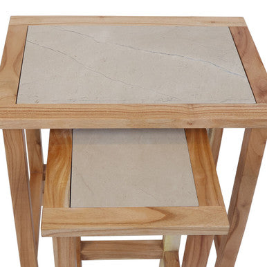 Womad Cream Marble and Wooden Small Set of 2 Side Tables