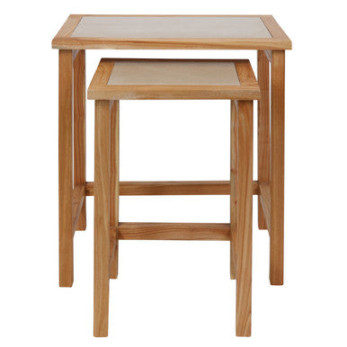 Set of 2 Large Cream Marble Top Nesting Side Tables with Natural Wood Frames, Womad