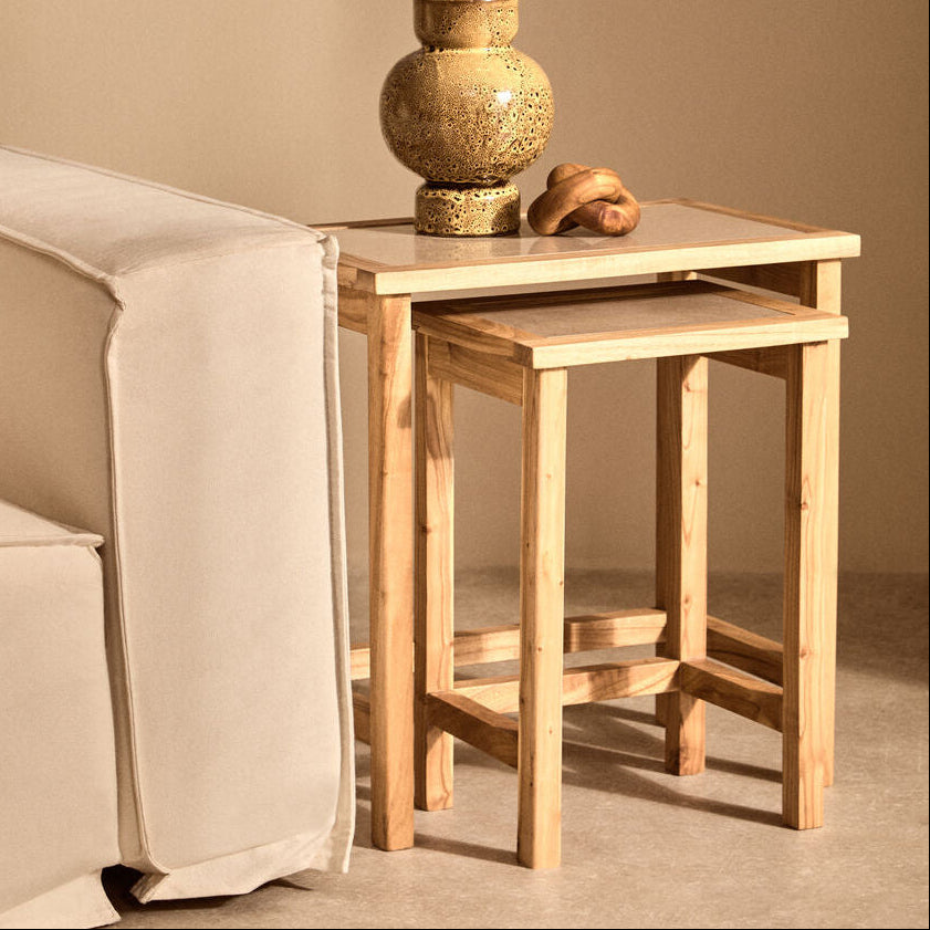 Womad Cream Marble and Wooden Large Set of 2 Side Tables