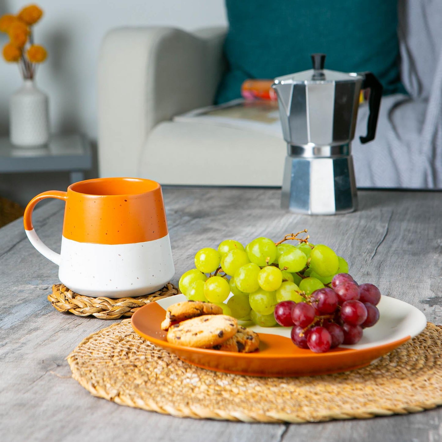 370ml Orange Colour Block Flecked Stoneware Belly Mug