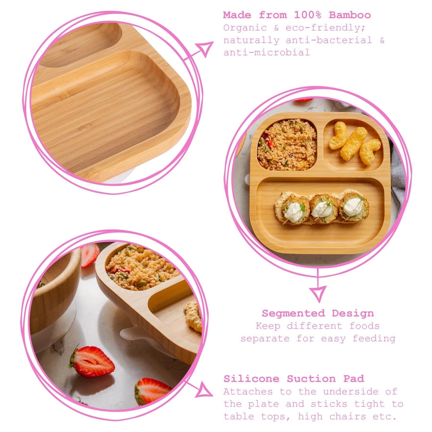 4pc Divided Bamboo Suction toddler, baby and Children's Feeding Set