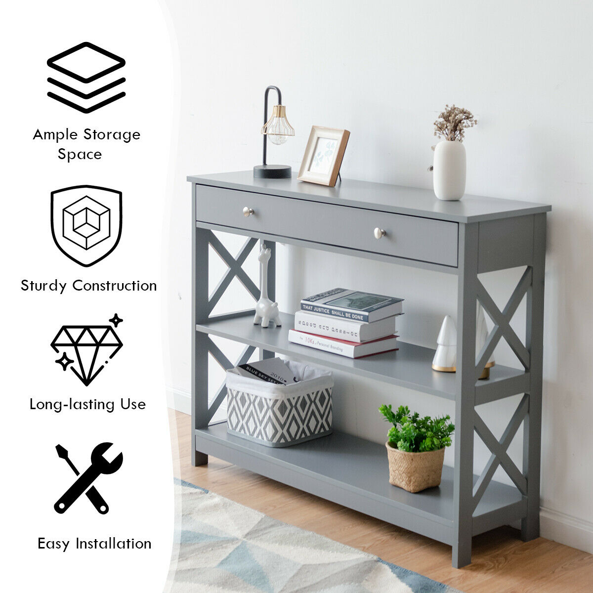 3-Tier Console Table with 1 Drawer and 2 Storage Shelves-Turquoise