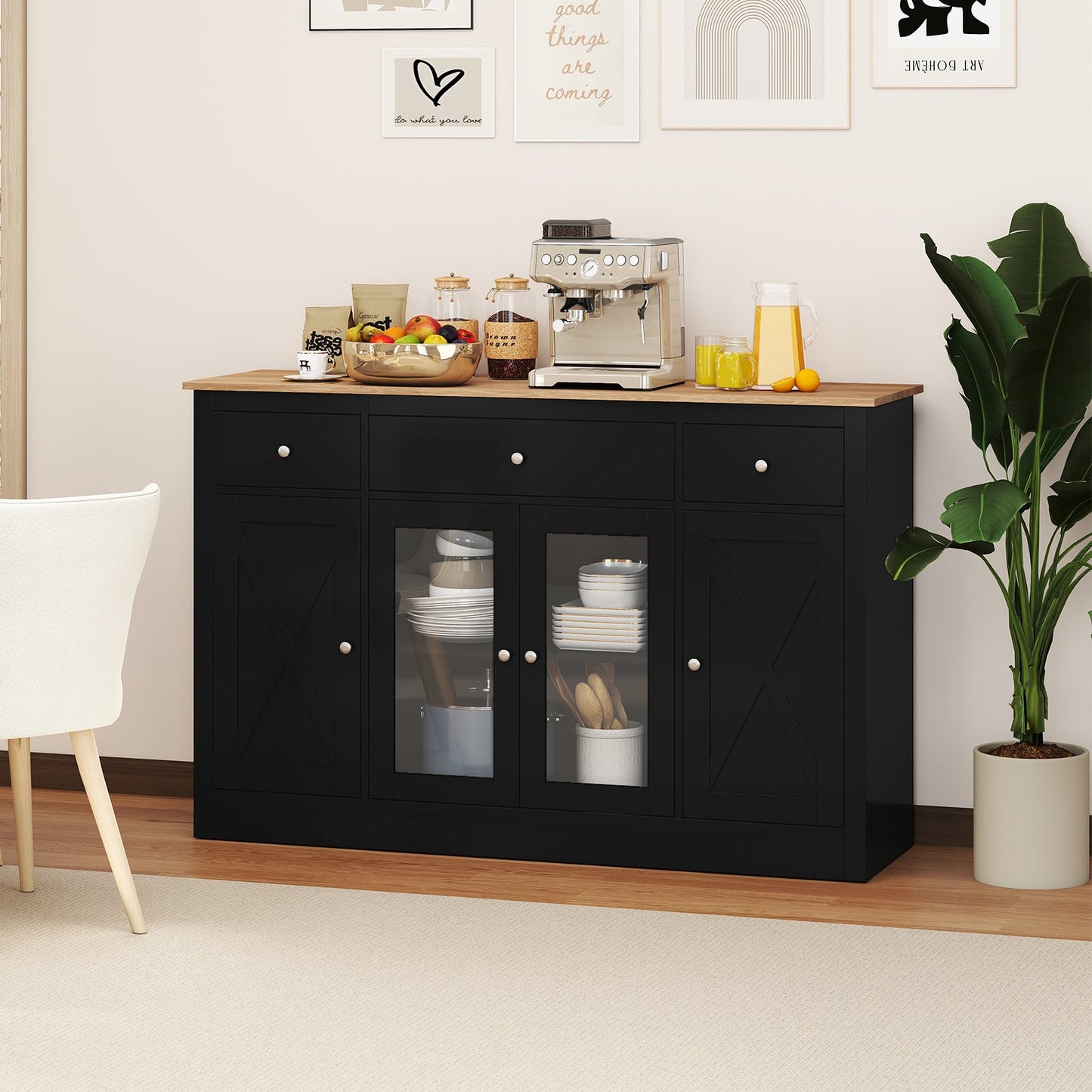 55” Large Buffet Sideboard Kitchen Storage Modern Coffee Bar Cabinet-Black