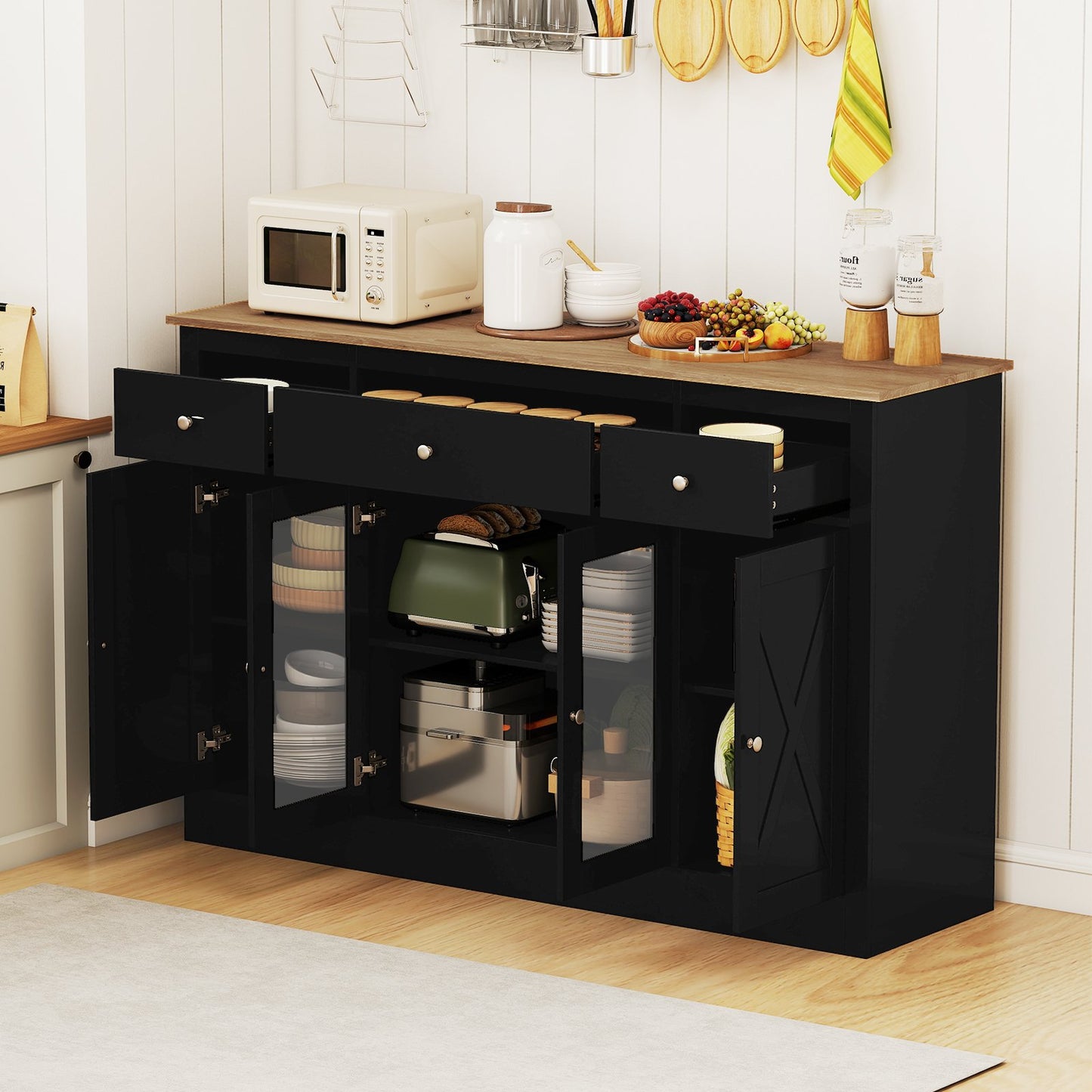 55” Large Buffet Sideboard Kitchen Storage Modern Coffee Bar Cabinet-Black