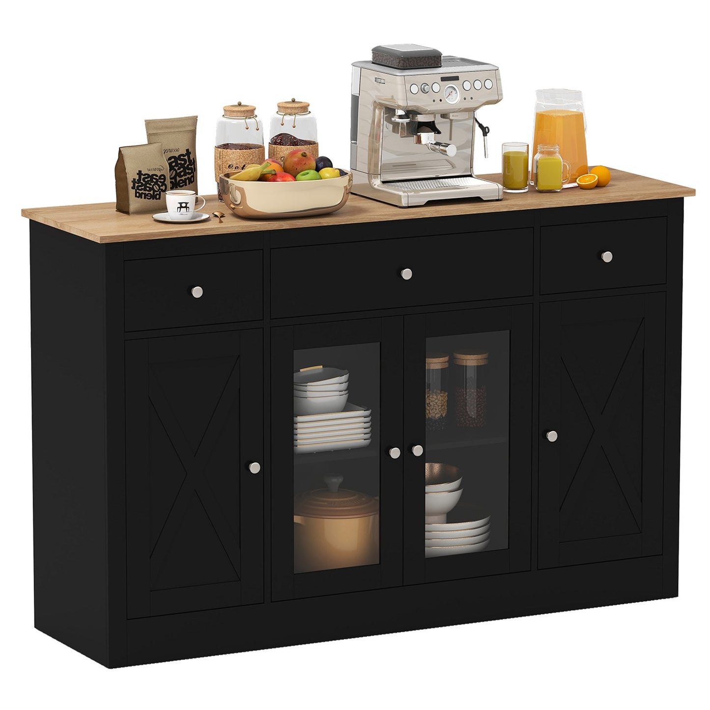 55” Large Buffet Sideboard Kitchen Storage Modern Coffee Bar Cabinet-Black