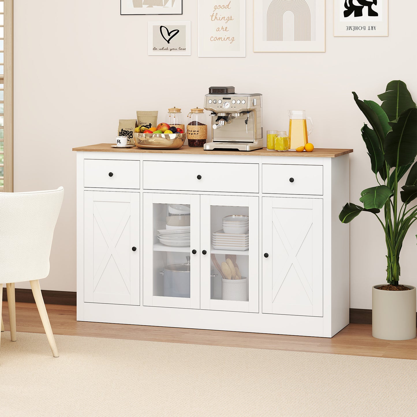 55” Large Buffet Sideboard Kitchen Storage Modern Coffee Bar Cabinet-Black