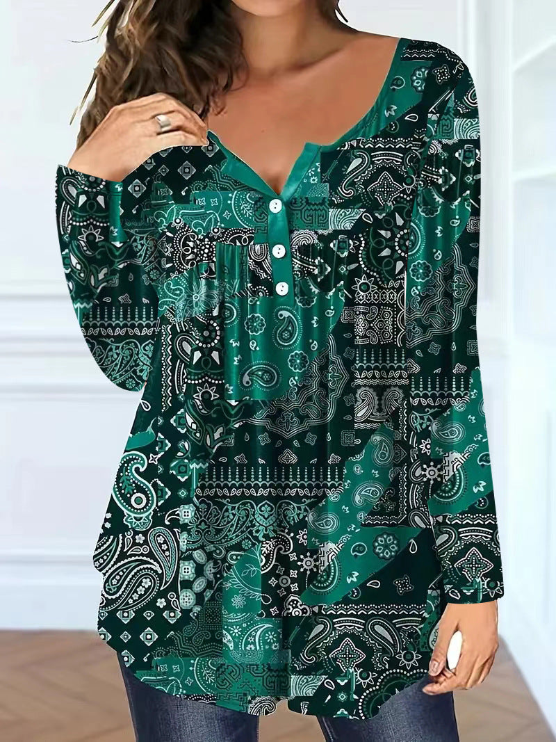 Loose-fit Buttoned V-neck Top Women's T-shirt