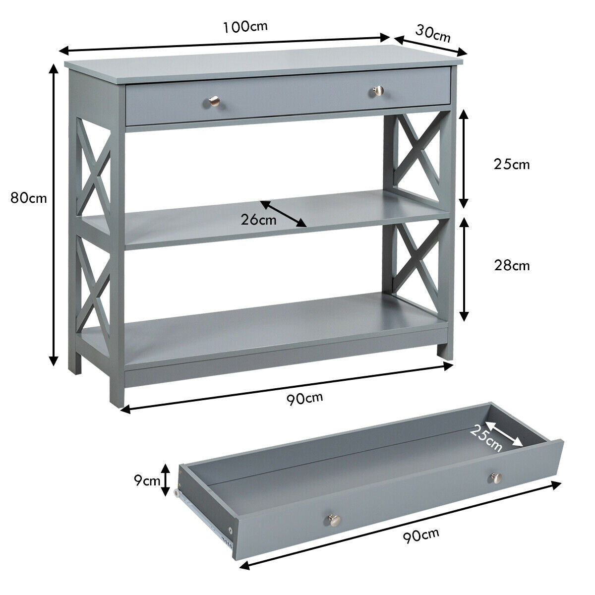 3-Tier Console Table with 1 Drawer and 2 Storage Shelves-Turquoise