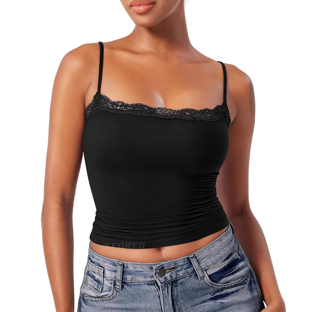 Women’s Lace Camisole – Sexy Square Collar Sleeveless Top, Elegant Summer Tank