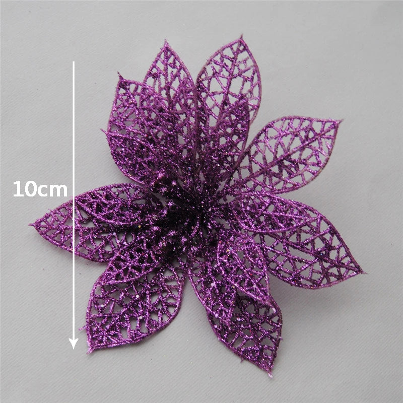 10Pcs/Set Christmas Flowers Xmas Christmas Tree Decorations Glitter Hollow Wedding Party Decor Gold/Silver/Red/Green/Blue 8Z